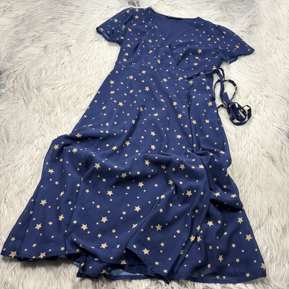 eShakti Women's L 12 Blue Star Print Midi Wrap Dress Whimsigoth Celestial Witchy